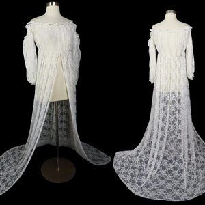 Vintage 70s White LACE Nightgown Off Shoulders Empire Waist Long Train XS S M OS